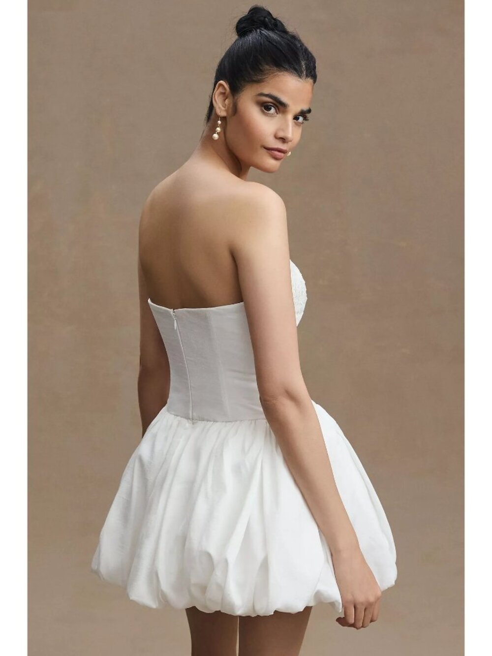 BHLDN Anthropologie Strapless Floral Applique Bubble Hem White Mini Dress 4 - Picture 9 of 16